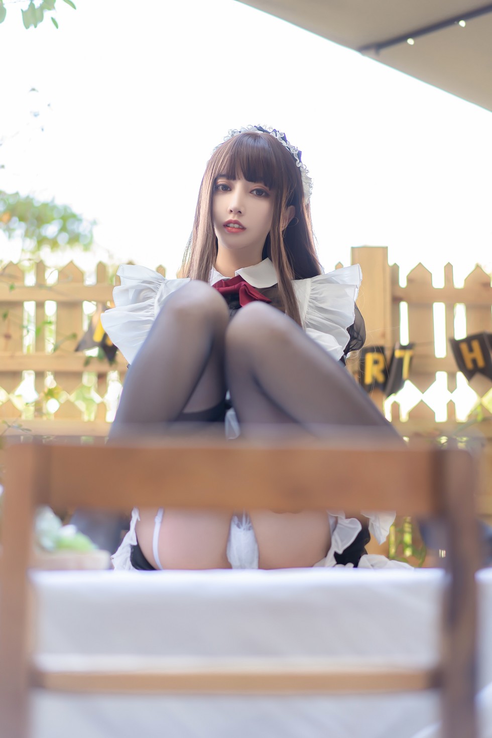 黑色薄纱女仆装妹子私房黑色内衣配白色蕾丝内裤惹火诱惑写真49P