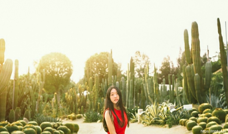 植物园内的红唇直发美女端庄迷人