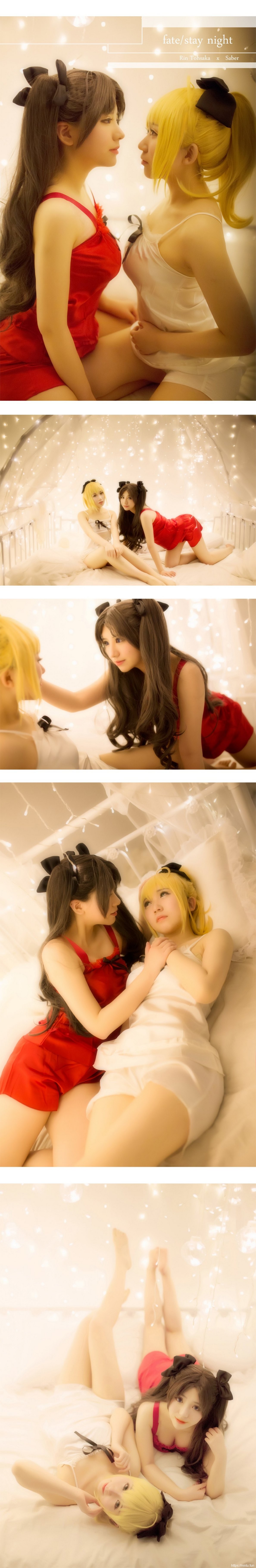 靓丽美女姐妹花cosplay扮演Saber私房闺蜜照