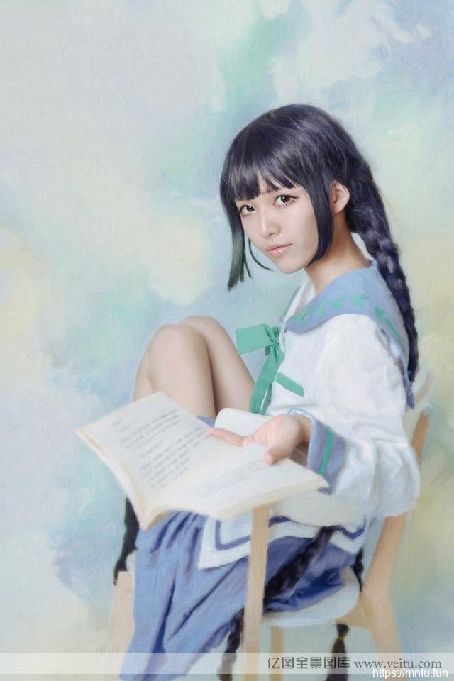 长发清纯学生妹cosplay书生气十足