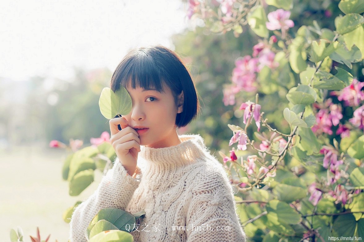 身着白毛衣清纯短发小美女摄影妹子图