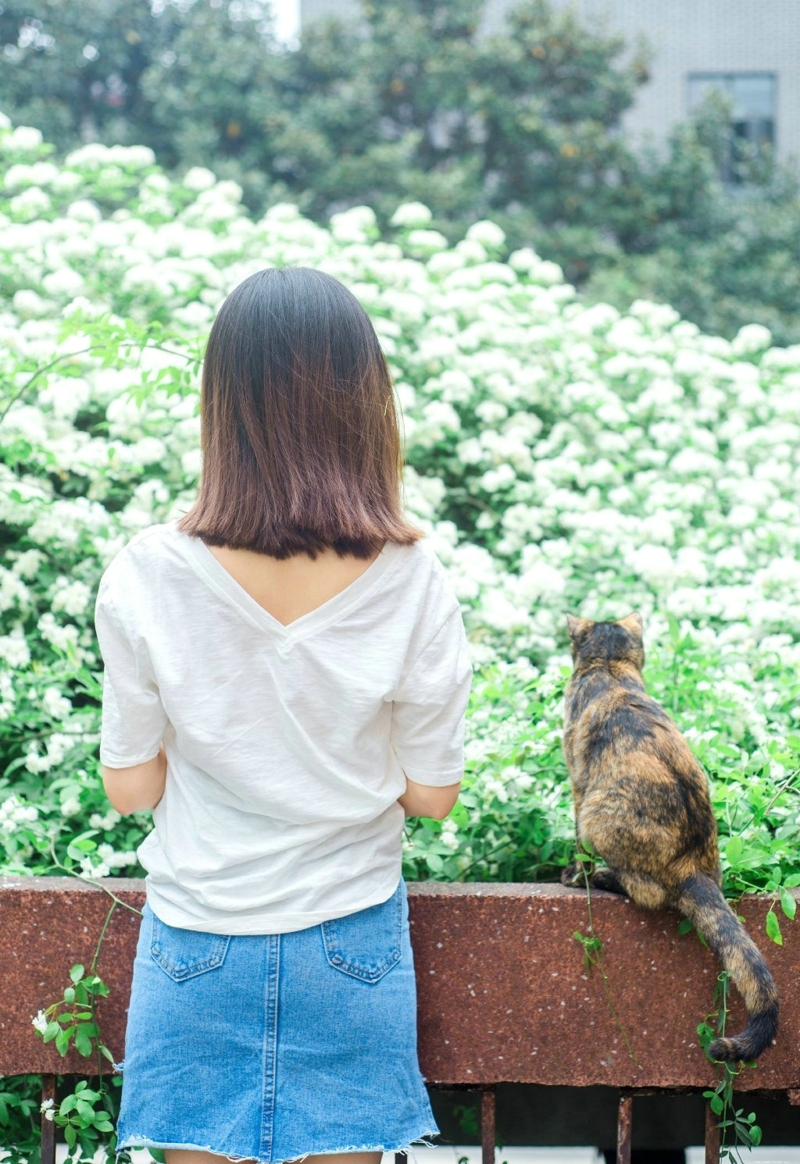 公园花海中的气质白T牛仔裙美女清爽养眼