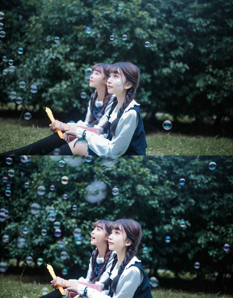 日系校服麻花辫甜美姐妹花泡泡嬉戏