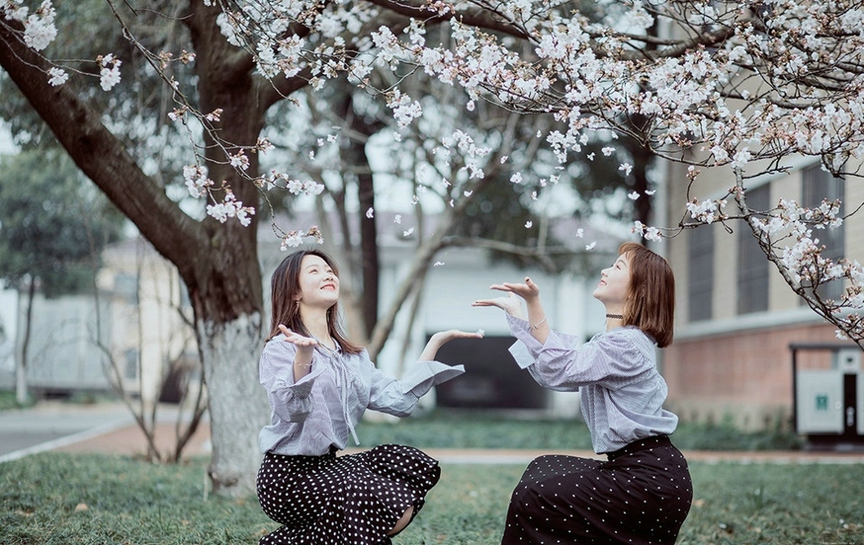 樱花树下手拉手姐妹花同款衬衫玲珑可爱