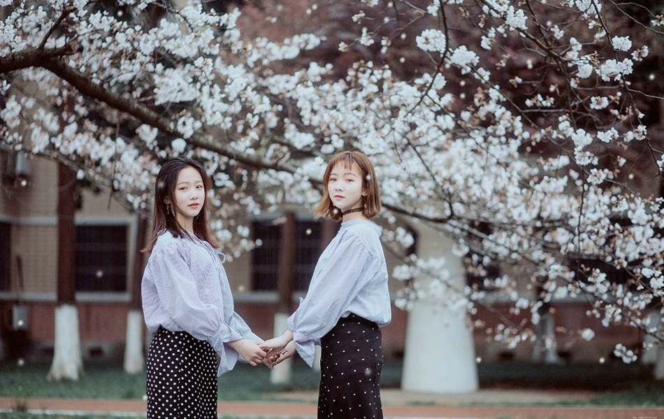樱花树下手拉手姐妹花同款衬衫玲珑可爱