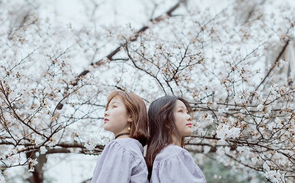 樱花树下手拉手姐妹花同款衬衫玲珑可爱