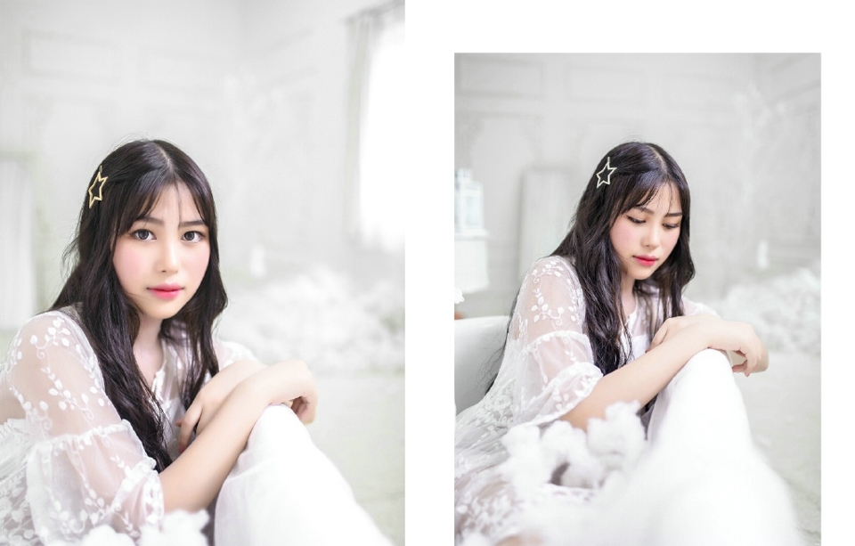 洁净私房内的白裙美女黑发红唇娇艳写真