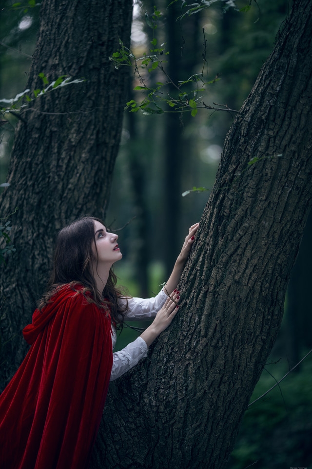 红帽异国美女蕾丝裙迷失在深山里徘徊