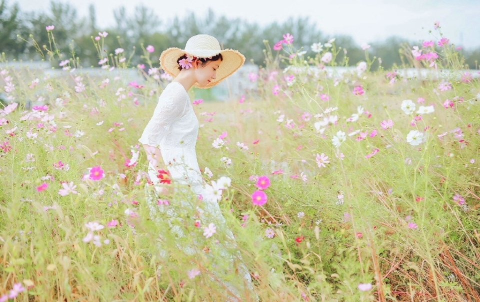 郊外花海中的气质端庄典雅美女