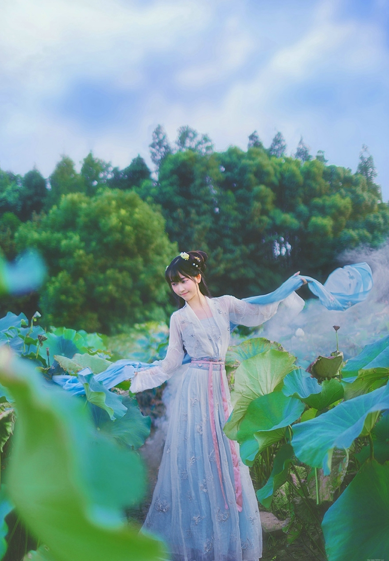 荷叶池中的汉服妹子柔美文静