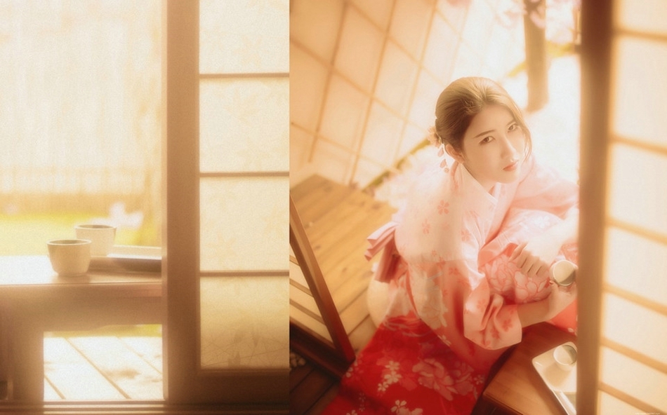 日系和服美女粉红诱惑屋内沏茶安静祥和