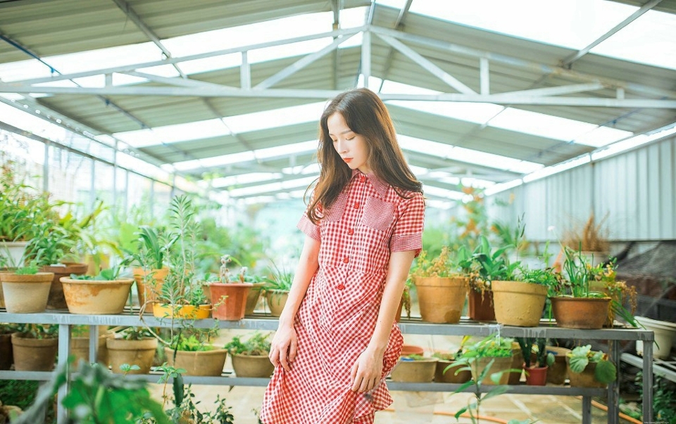 温室内的花草美女高颜值靓丽写真