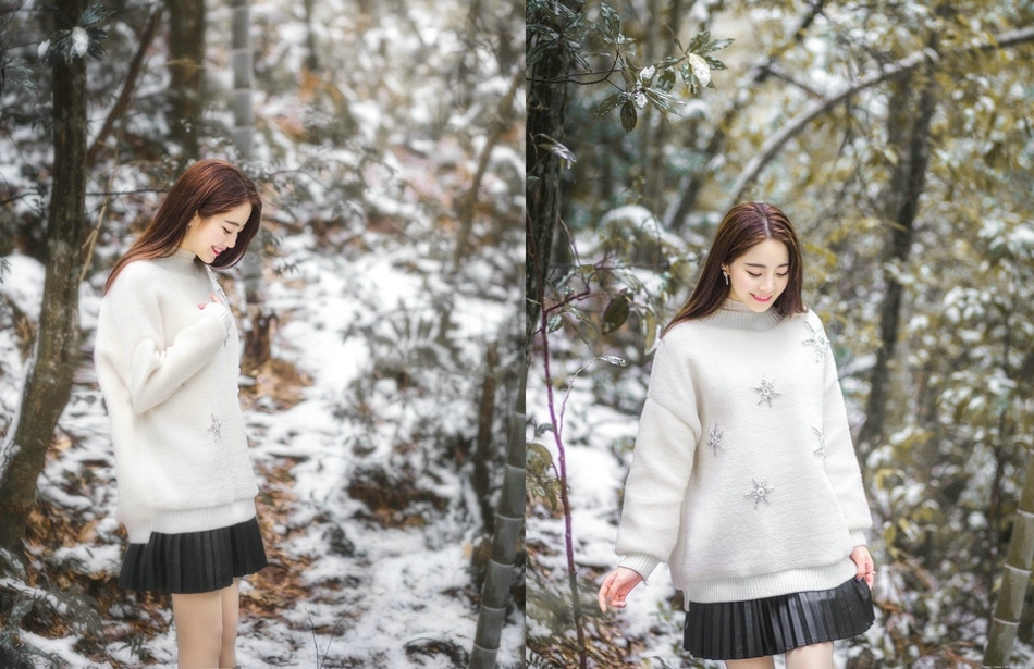 暖冬美女白色毛衣超短皮裙亮丽迷人