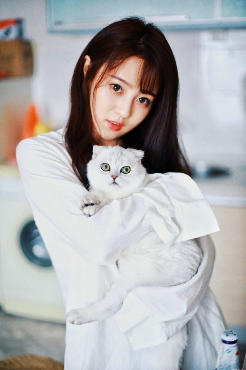 私房衬衫养眼妹子与猫咪相伴