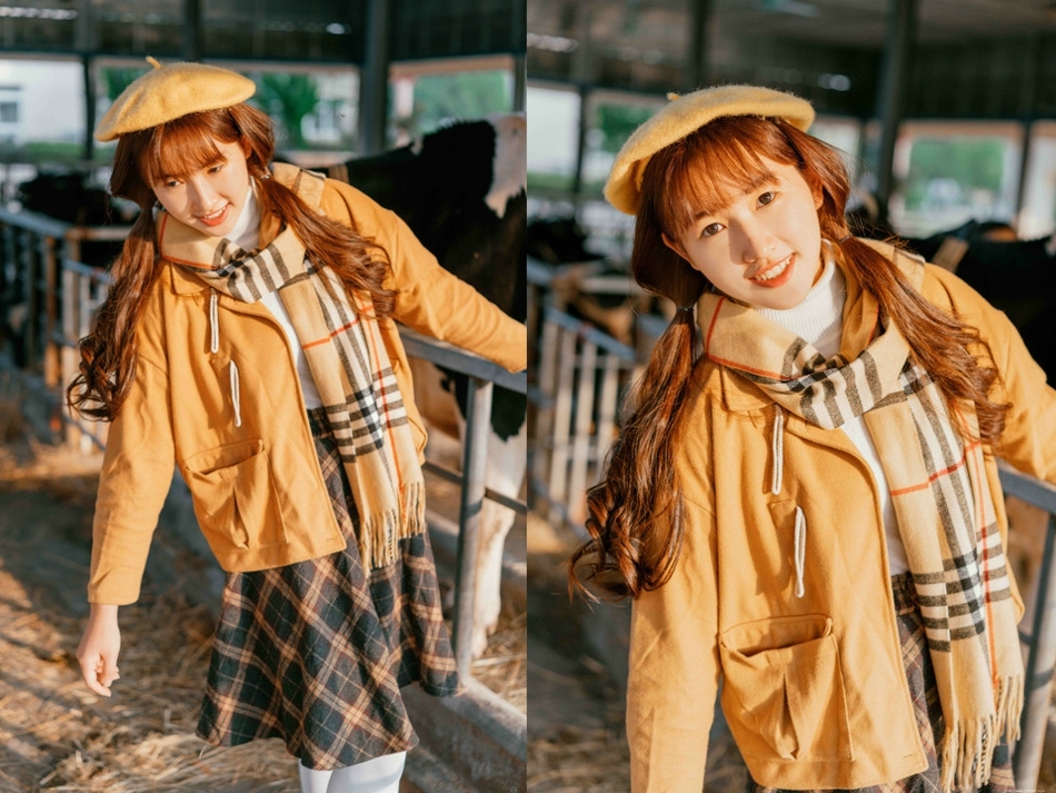 秋天牧场美女头戴贝雷帽搭格子围巾温暖写真