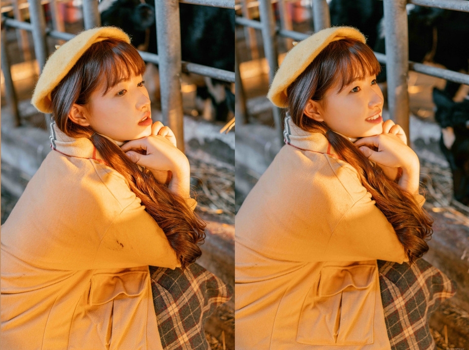 秋天牧场美女头戴贝雷帽搭格子围巾温暖写真