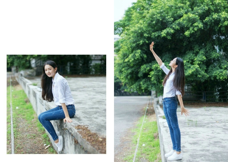 清纯白衬衫牛仔裤氧气少女纯净自然