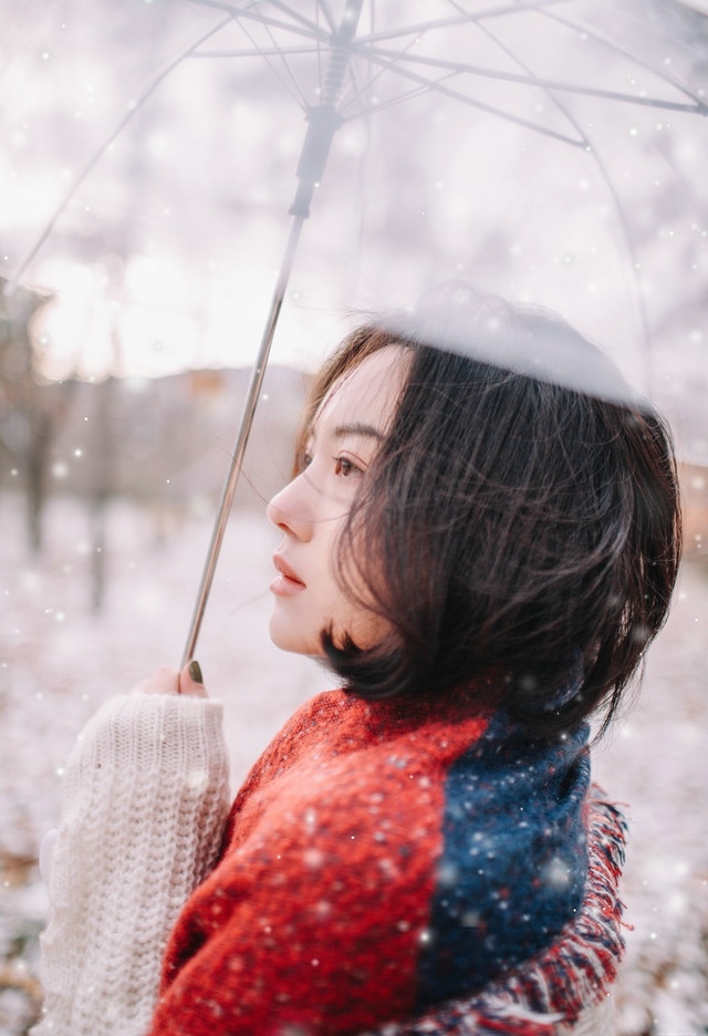 又一年大雪纷飞短发美女撑伞漫步楚楚动人