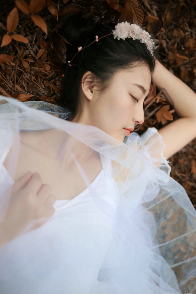 深秋落叶堆中的白纱裙气质盘发美女