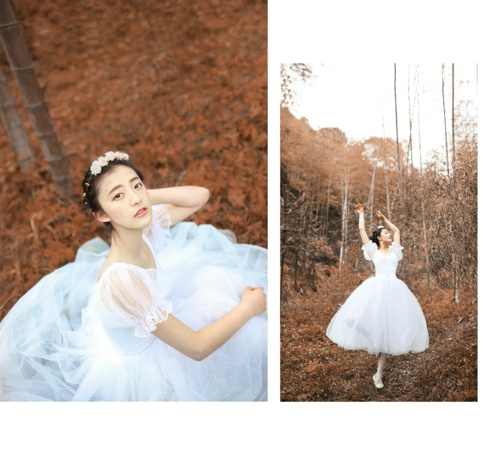 深秋落叶堆中的白纱裙气质盘发美女