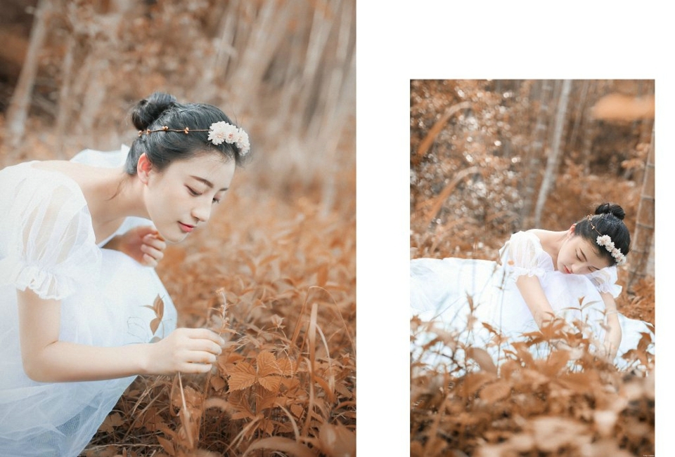 深秋落叶堆中的白纱裙气质盘发美女