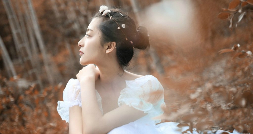 深秋落叶堆中的白纱裙气质盘发美女