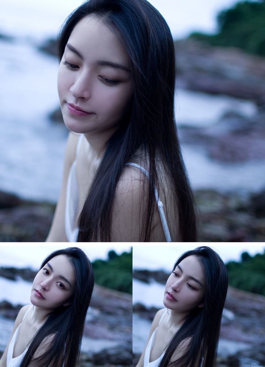 乌黑长直发大眼高鼻梁美女吊带海岸唯美写真