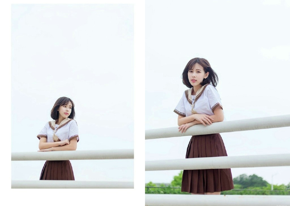 校服甜美短发姑娘清新秀发随风飘扬