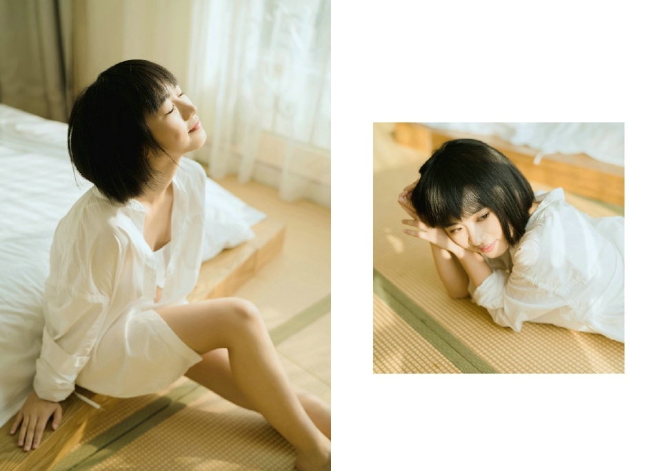 白衬衫白净短发少女慵懒悠闲时光