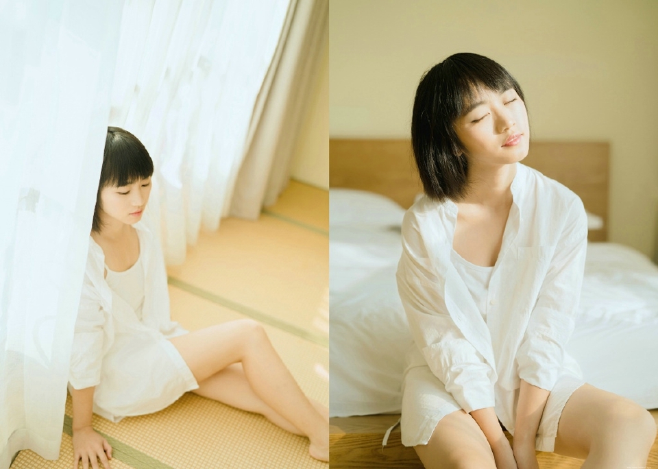 白衬衫白净短发少女慵懒悠闲时光