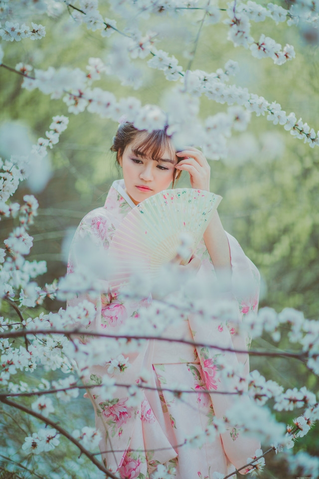 樱花和服美女随手拿扇子唯美浪漫写真