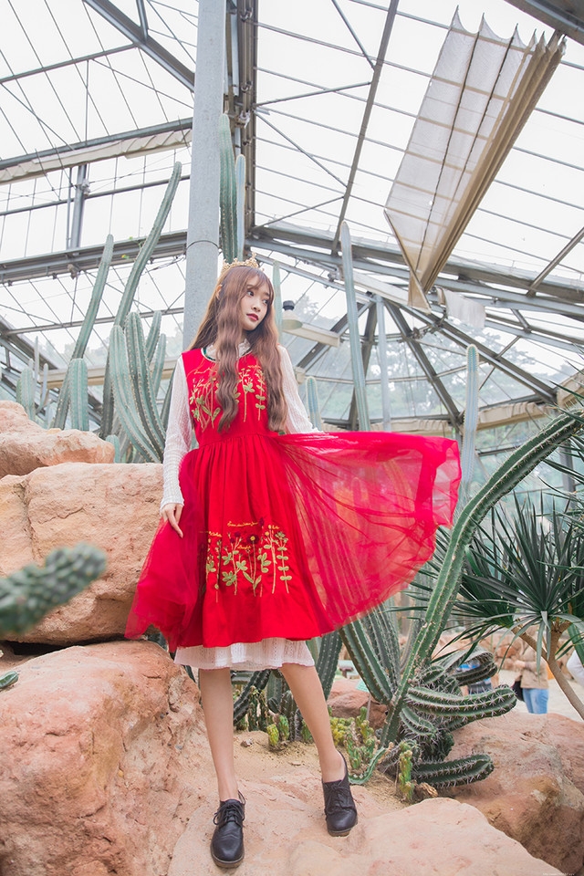 仙人掌植物园内皇冠美女艳丽红裙美艳动人