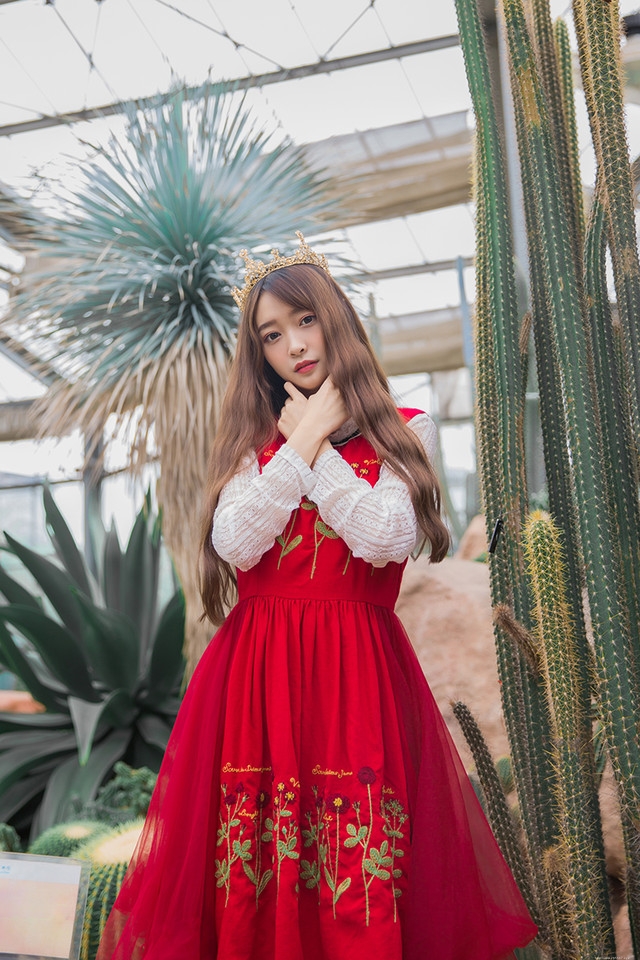 仙人掌植物园内皇冠美女艳丽红裙美艳动人