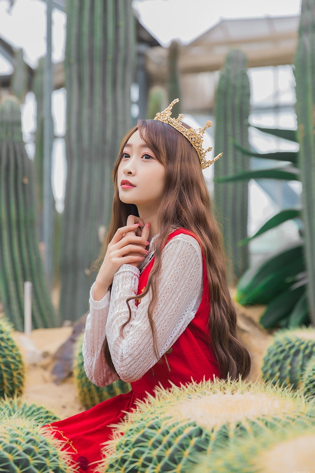 仙人掌植物园内皇冠美女艳丽红裙美艳动人