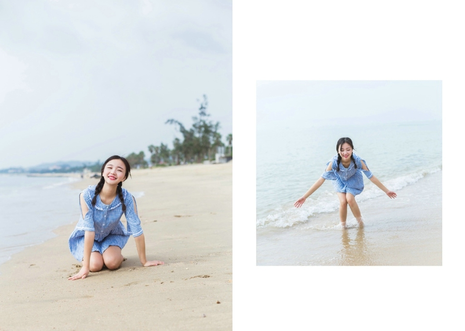 海边格子裙麻花辫清新妹子笑脸迷人