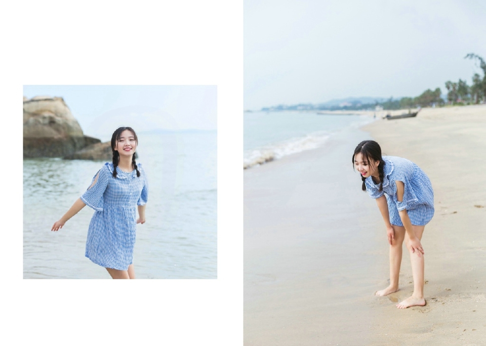 海边格子裙麻花辫清新妹子笑脸迷人