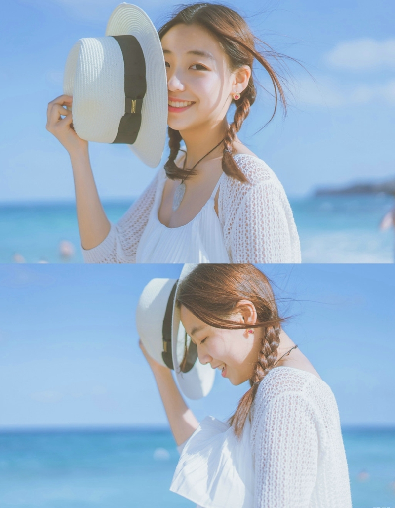 海边麻花辫白裙少女清新活力俏皮