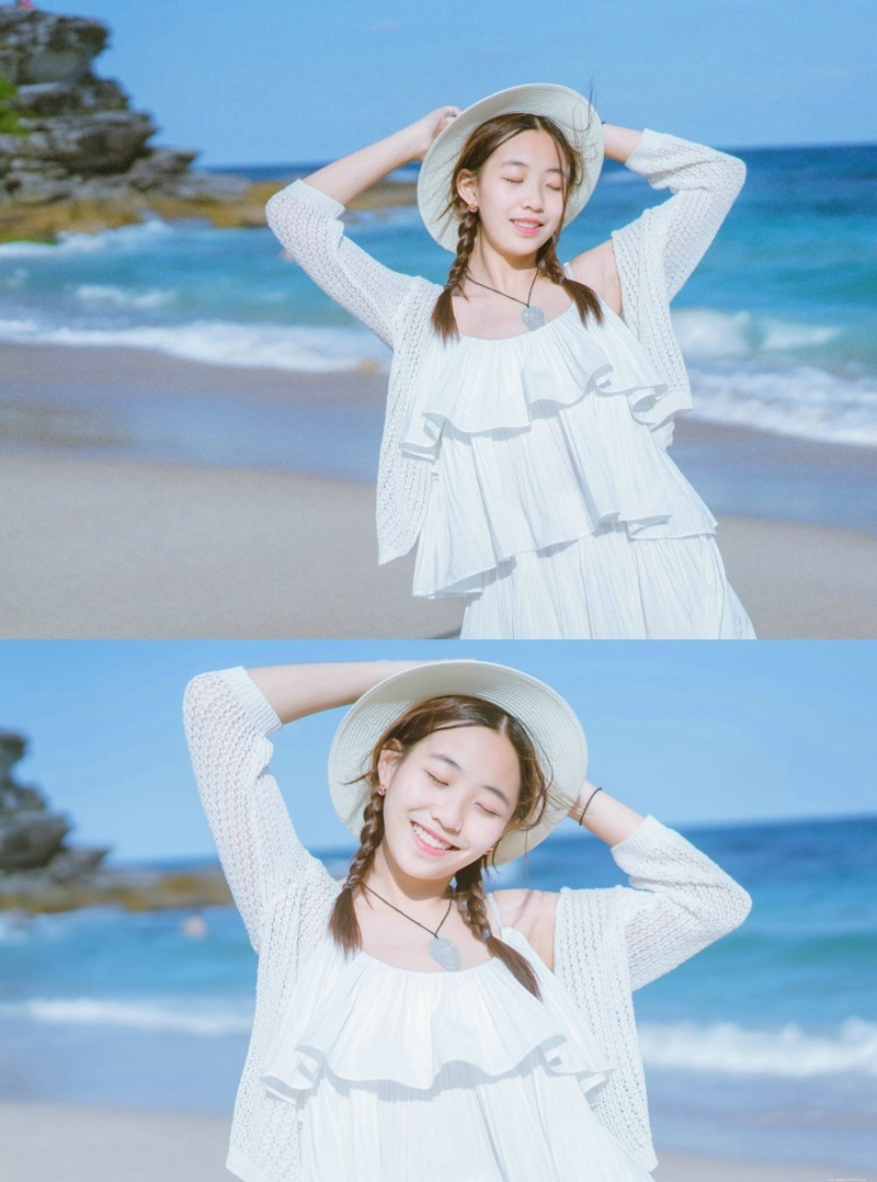 海边麻花辫白裙少女清新活力俏皮