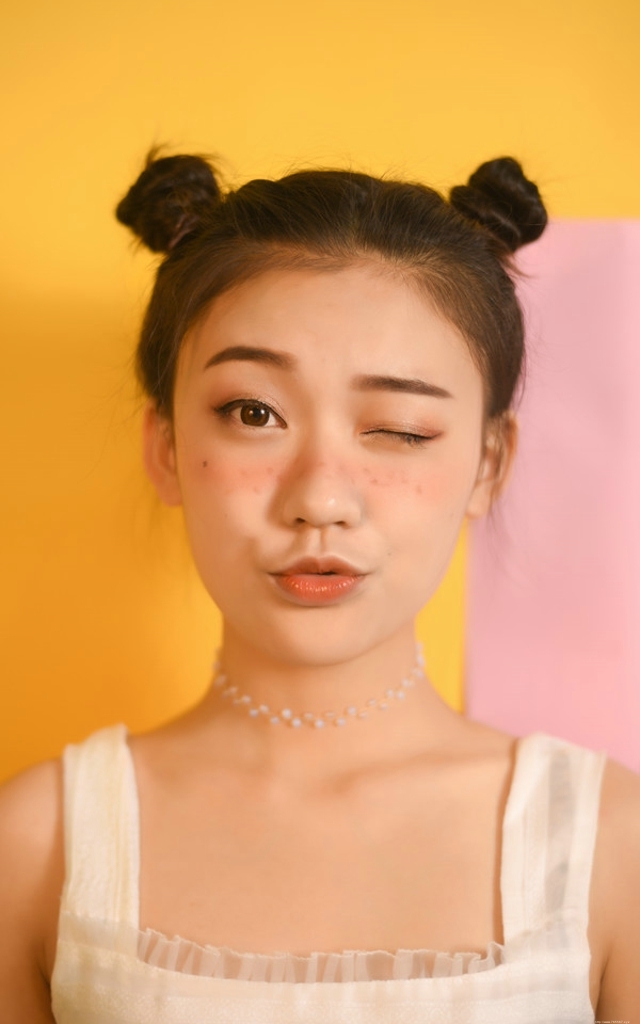 在南方的冬日里晒伤少女哪吒头抢镜眨眼嘟嘴照相