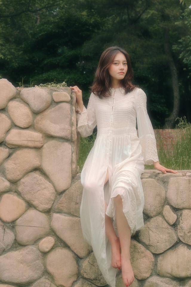 头戴花环的白色长裙美女赤脚行走在深林