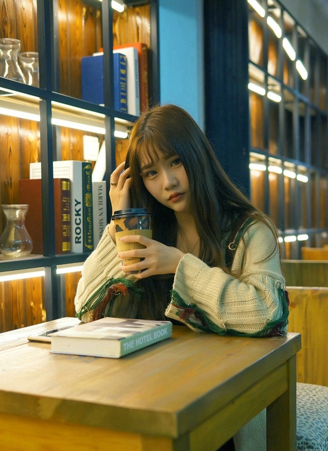 图书馆内咖啡妹子笑容明朗安静看书