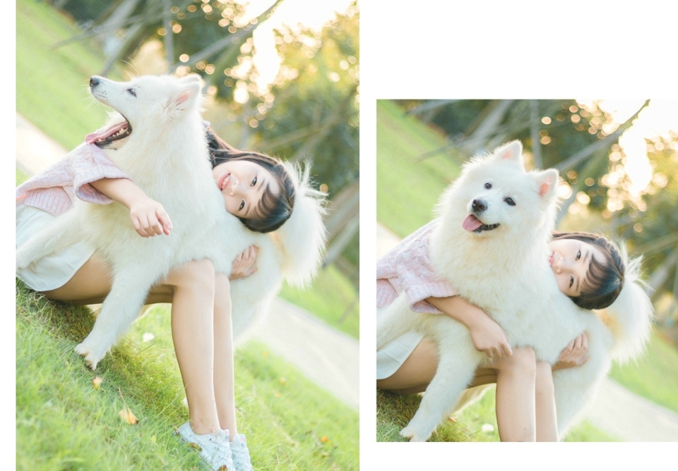 郊外野餐萌妹子与狗狗玩耍悠闲时光