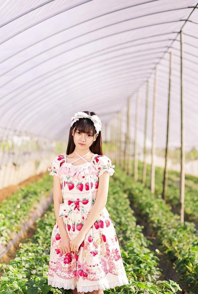 采摘草莓姑娘百褶裙边吃变摘吃出新感觉