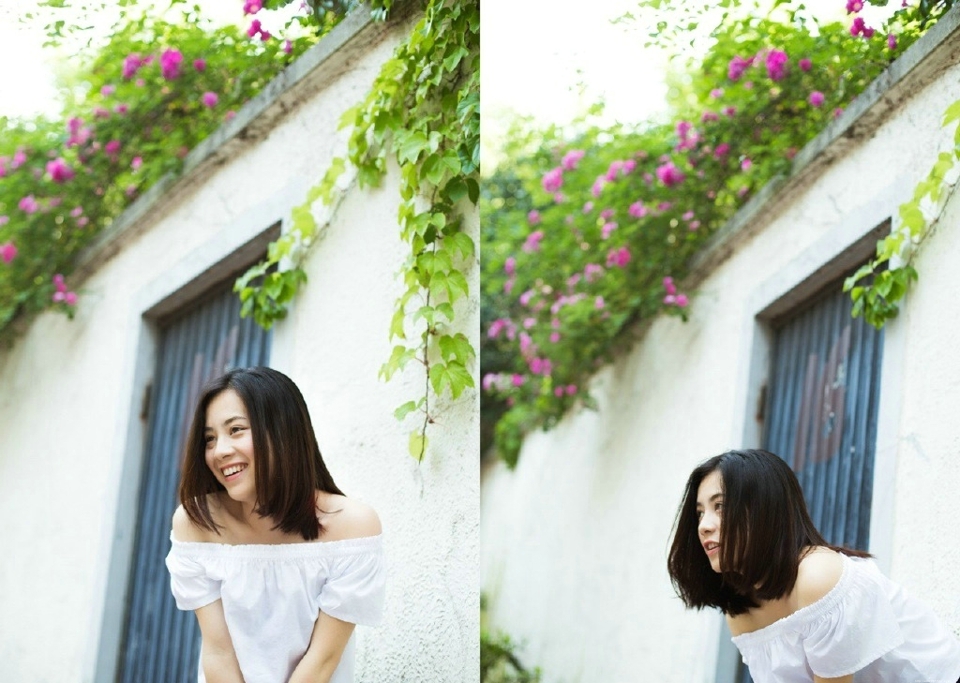 气质一字肩美女户外清新漂亮写真