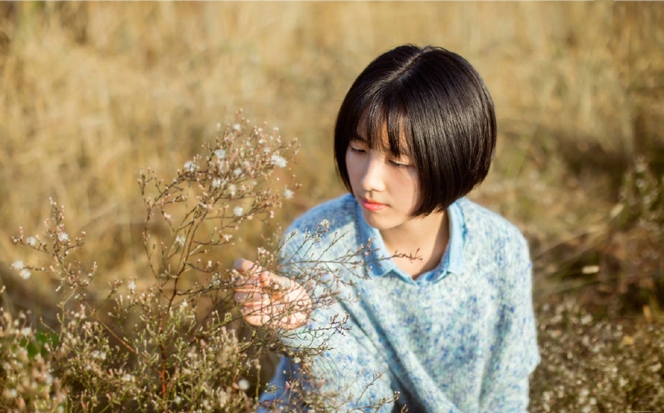 短发素雅美女户外草地上清新写真