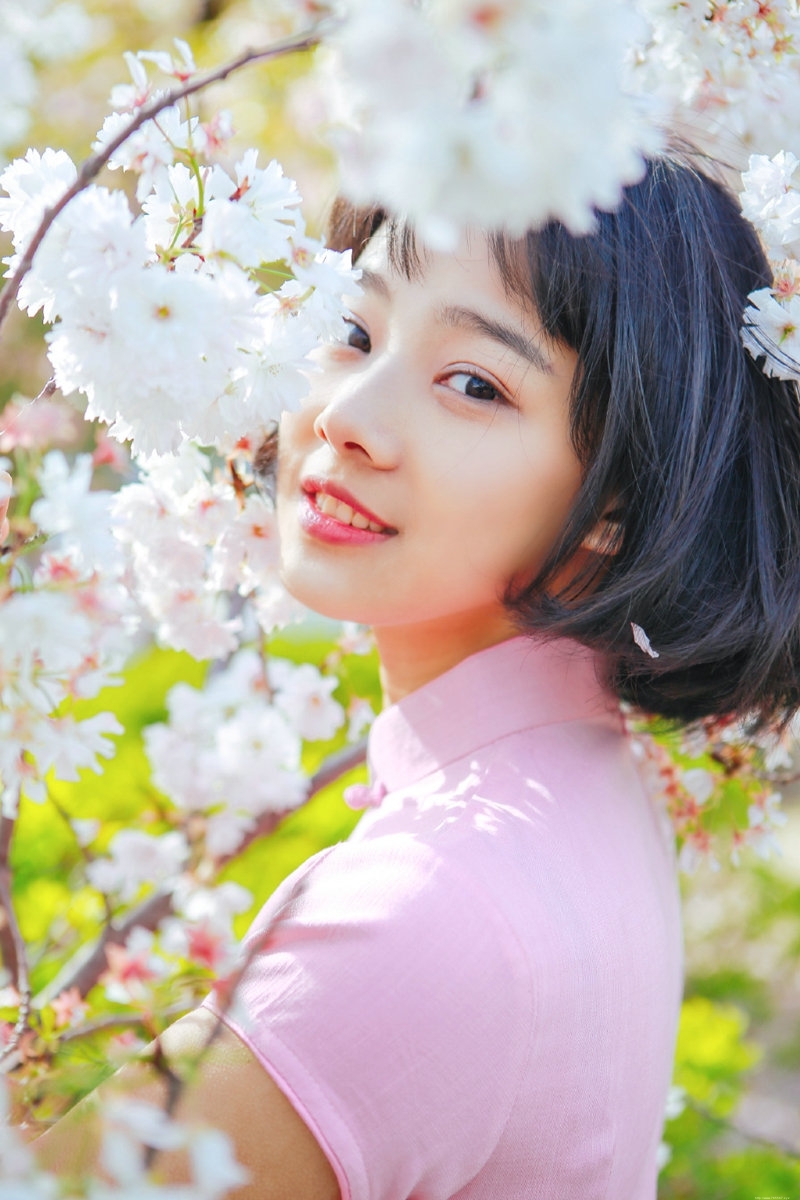 粉嫩民国风美女樱花海洋中养眼迷人