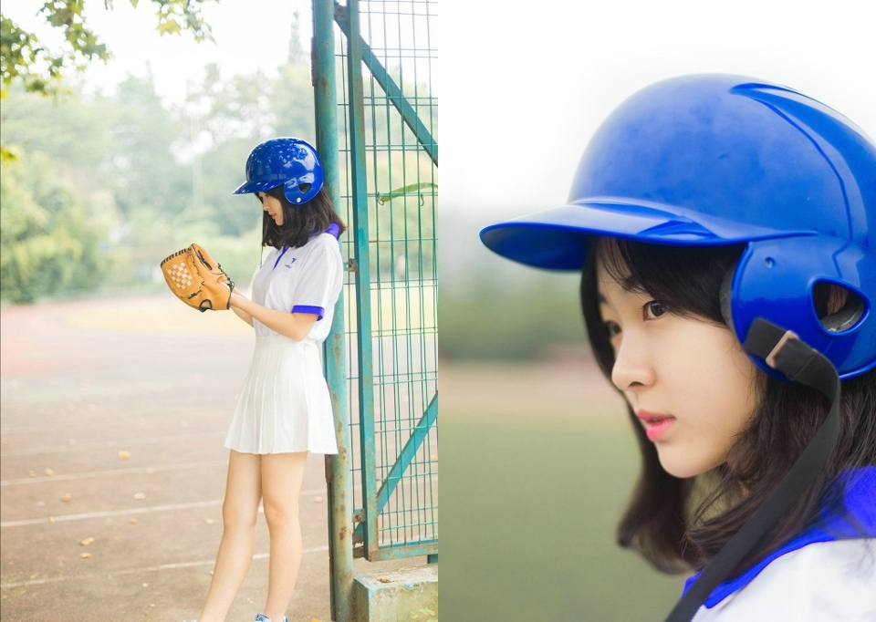 阳光靓丽棒球头盔少女可爱灿烂笑容