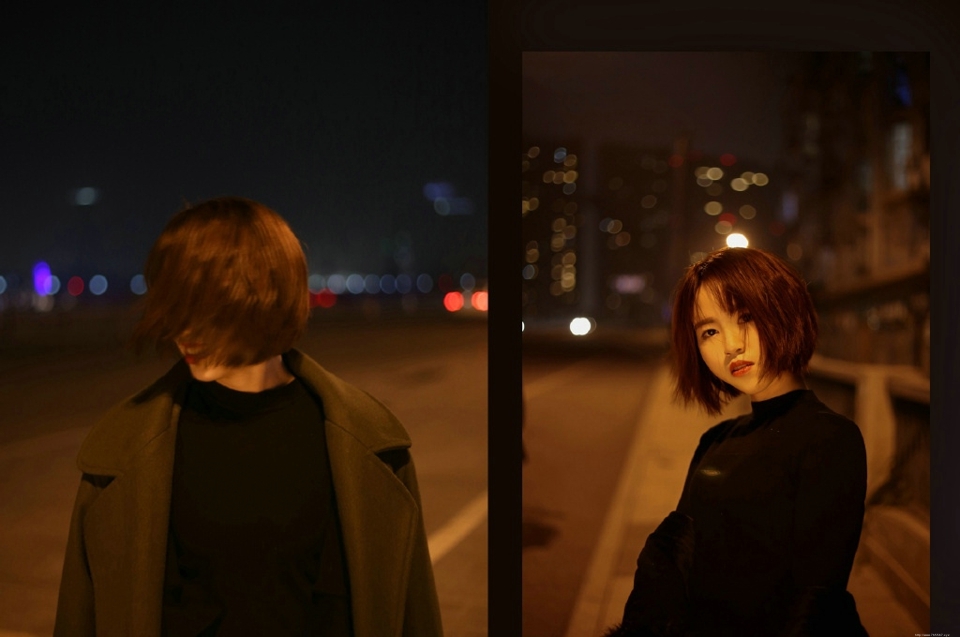 夜晚街头上的风衣美女短发气质寂寞写真
