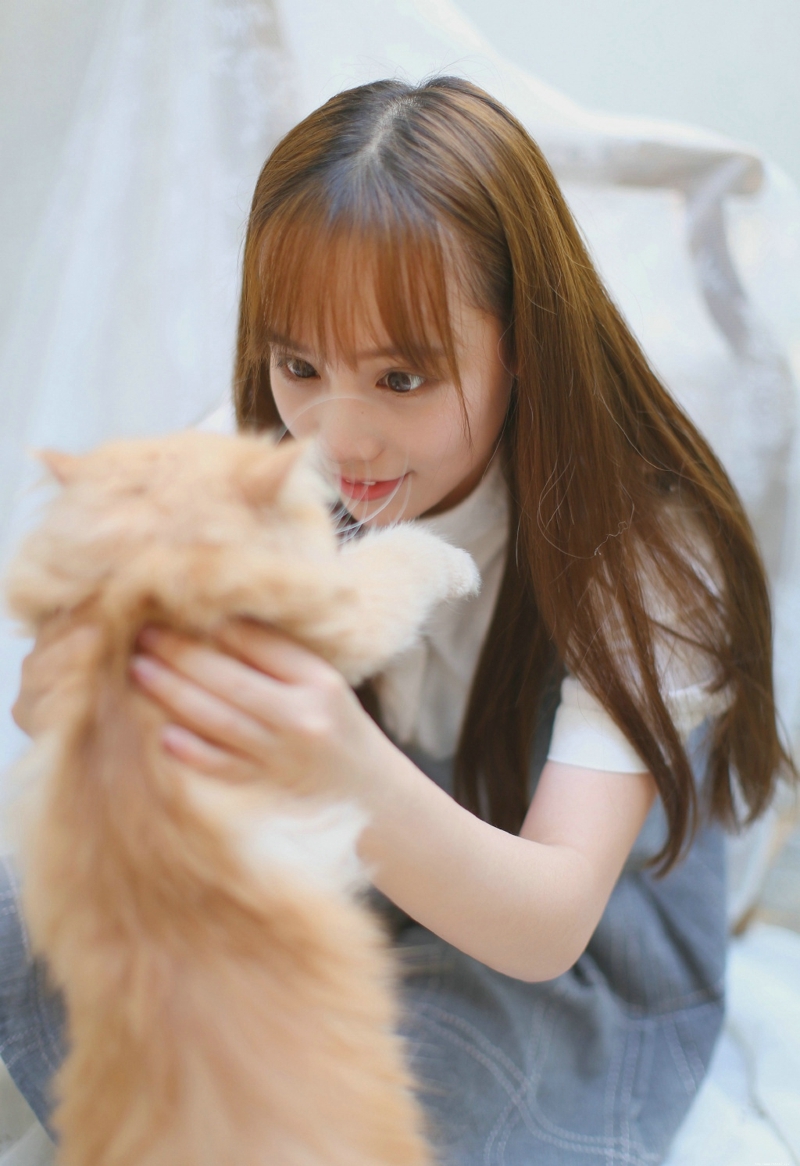 长发连衣裙妹子与猫咪嬉戏玩耍