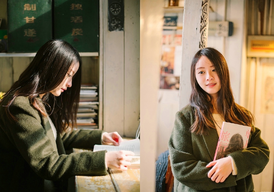 街角咖啡店内的气质风衣美女文艺写真